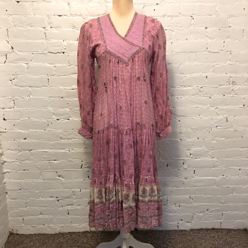 Vintage embellished cotton peasant dress pink block print s boho hippie india s